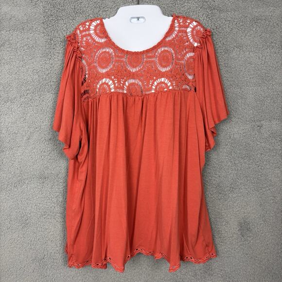 Studio Tops - Studio 1886 Crochet Front Top Flowy Tee sz 2X Flutter Sleeve Orange Red summer